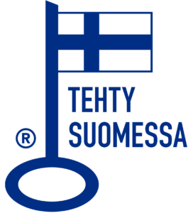 Pyroll Pakkauksille myönnetty Avainlippu-logo, missä kuvattuna Suomen lippu ja teksti TEHTY SUOMESSA.